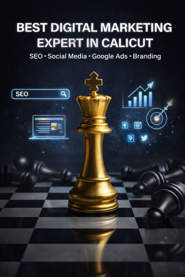 Best digital marketing expert in Calicut concept with gold chess king and digital marketing icons.